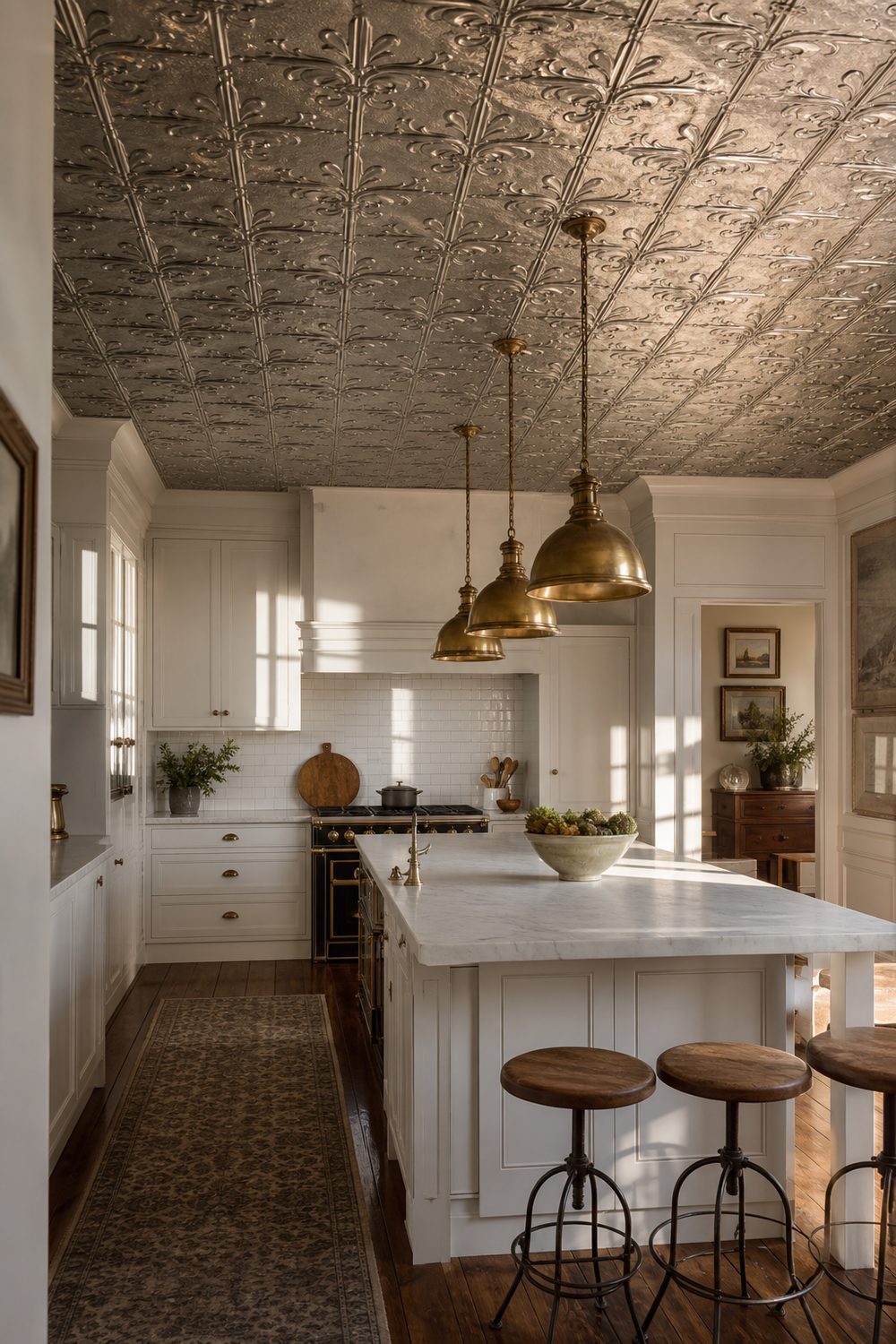Pressed silver tin ceiling tiles with a fleur-de-lis pattern above a white shaker kitchen island with brass pendant lights and marble countertops