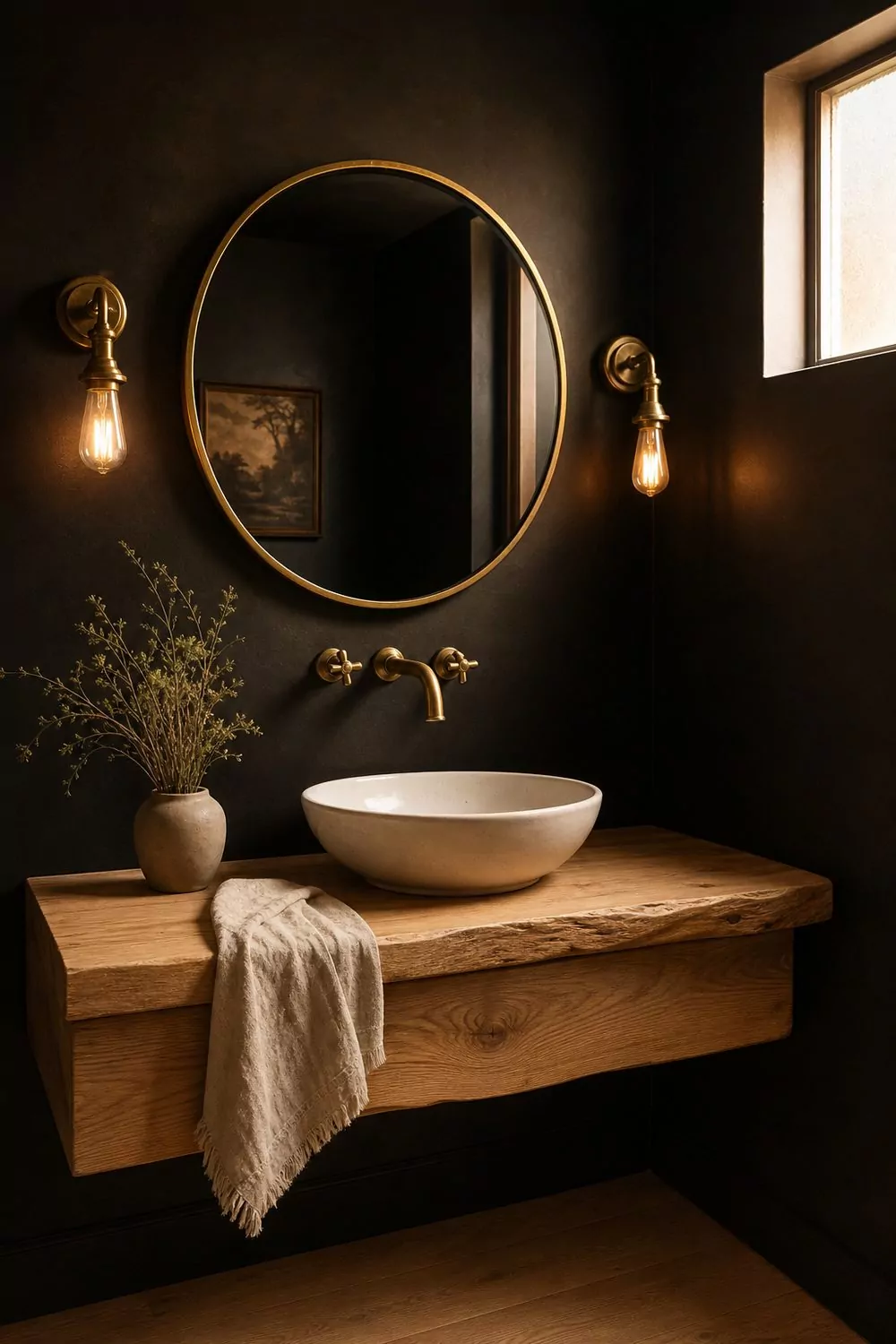 Tricorn Black powder room with light oak hardwood floors, floating oak vanity, white vessel sink, unlacquered brass faucet, large round mirror, vintage brass sconces, golden hour light