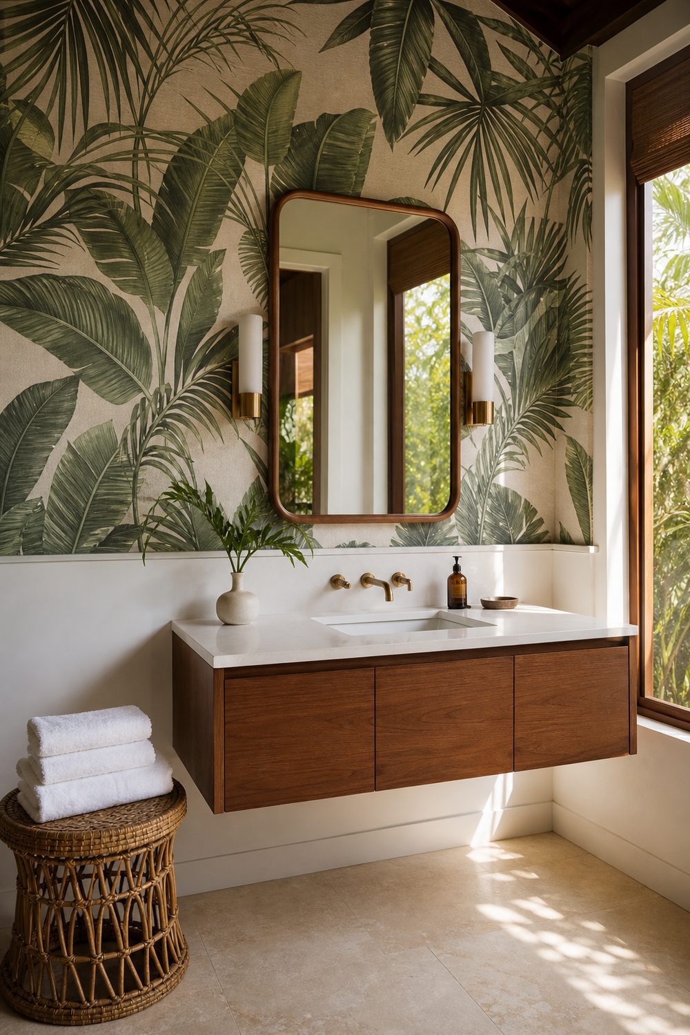 Cabana bathroom with bold green palm leaf wallpaper on the upper wall, walnut floating vanity, white quartz counter, rattan stool with white towels, warm afternoon light