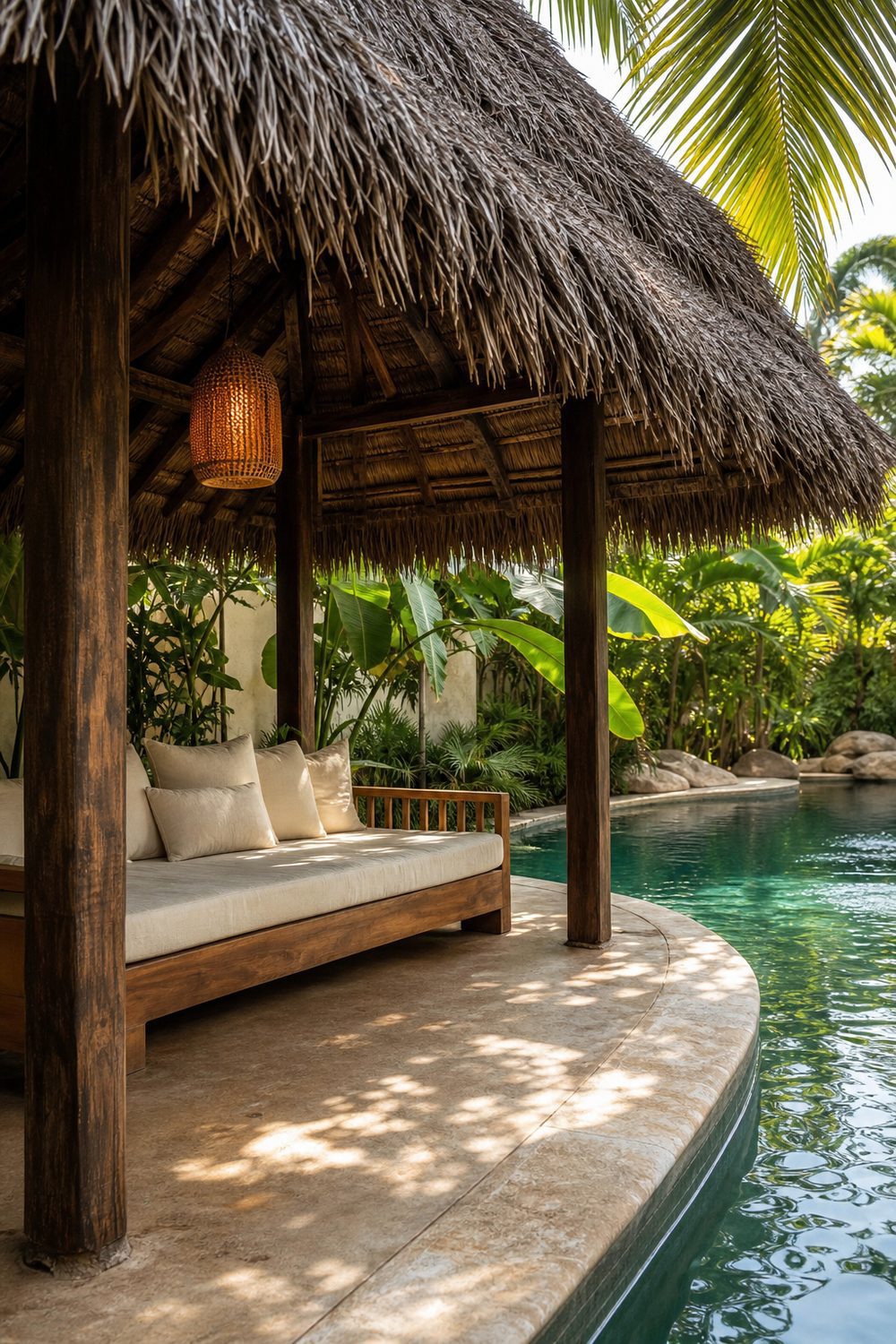 Tropical small pool cabana with palm thatched roof, stained wood posts, teak daybed with cream linen cushions facing freeform pool, lush tropical foliage and amber lantern