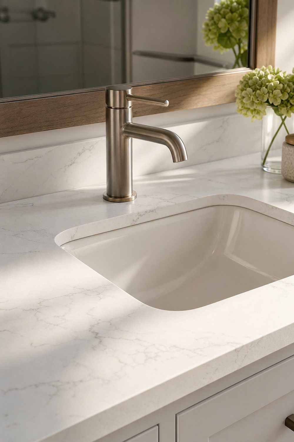 Seamless white undermount bathroom sink set into a veined white quartz countertop with a brushed nickel faucet