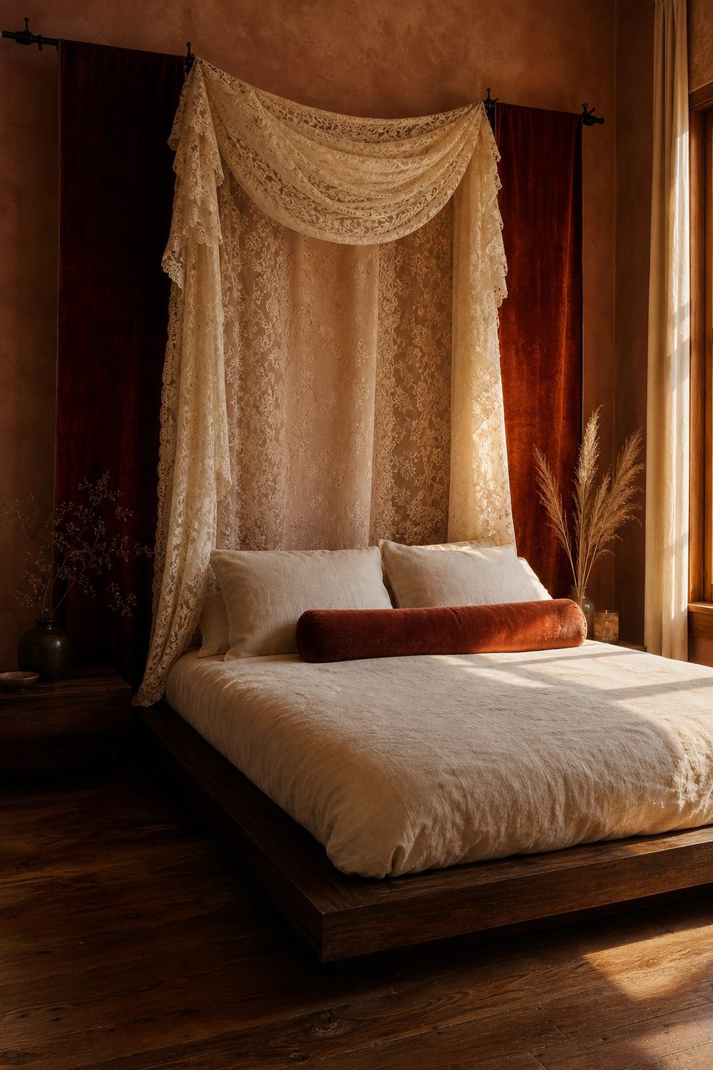 Moody boho bedroom with deep rust velvet accent panels and cream lace canopy fabric over a low platform bed in soft golden light