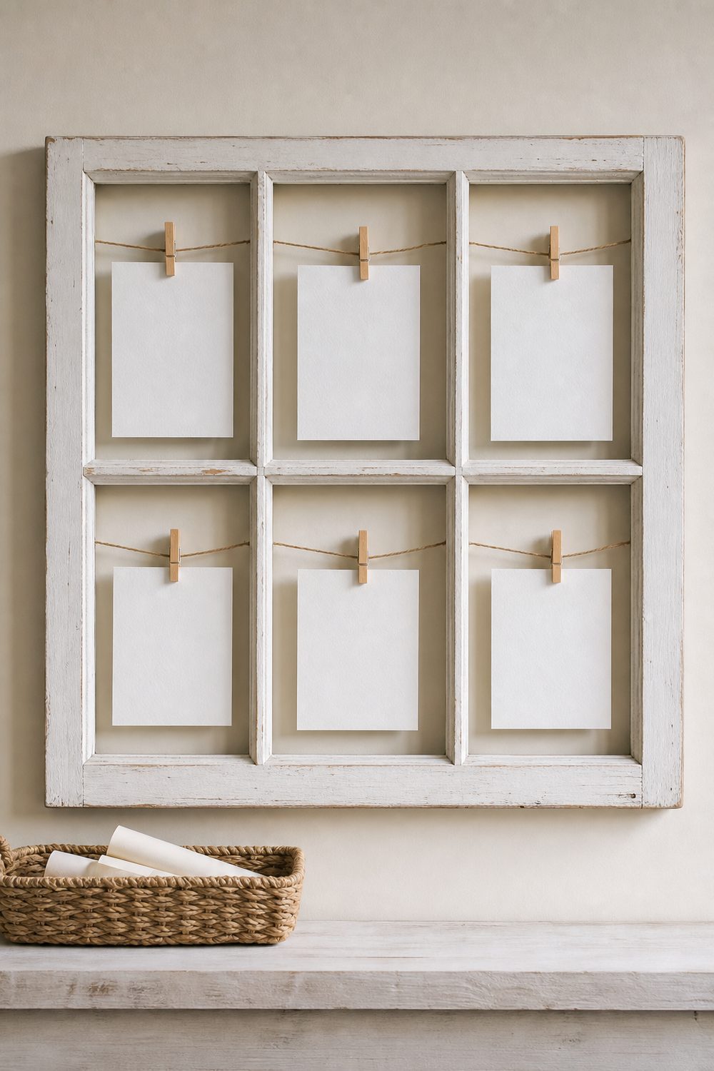 Salvaged style soft white wood window frame with six panes mounted on a classroom wall as a word wall, each pane holding a crisp white vocabulary card clipped with a tiny wood clothespin, soft east-facing morning light
