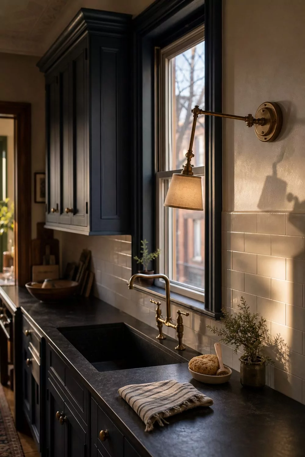 Bronze wall-mounted swing arm sconce angled toward a kitchen sink in a brownstone style kitchen with a tall window, warm afternoon light
