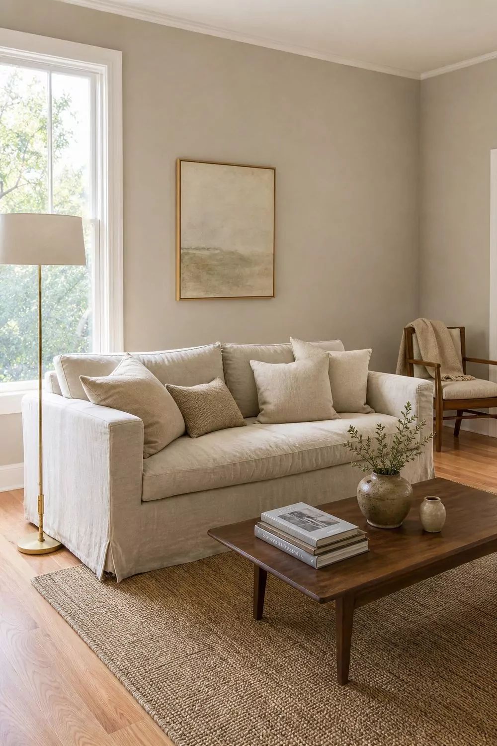 Warm taupe living room with light red oak hardwood floors, low slipcovered sofa, vintage walnut coffee table, woven jute rug, large linen lampshade, layered books and ceramics, warm ambient light