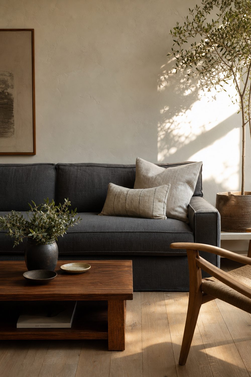 Charcoal grey linen sofa beside a walnut coffee table and oak side chair on white oak flooring in a sunlit modern living room