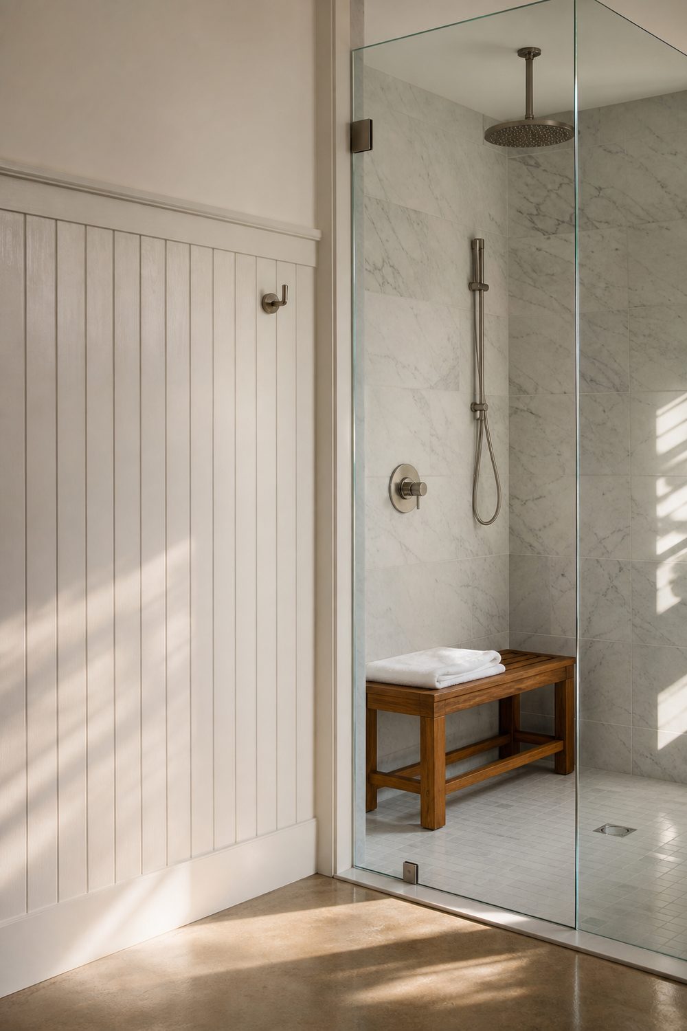 White beadboard wall beside a frameless glass cabana shower with honed marble-look porcelain tile, brushed nickel rain showerhead, and teak shower bench