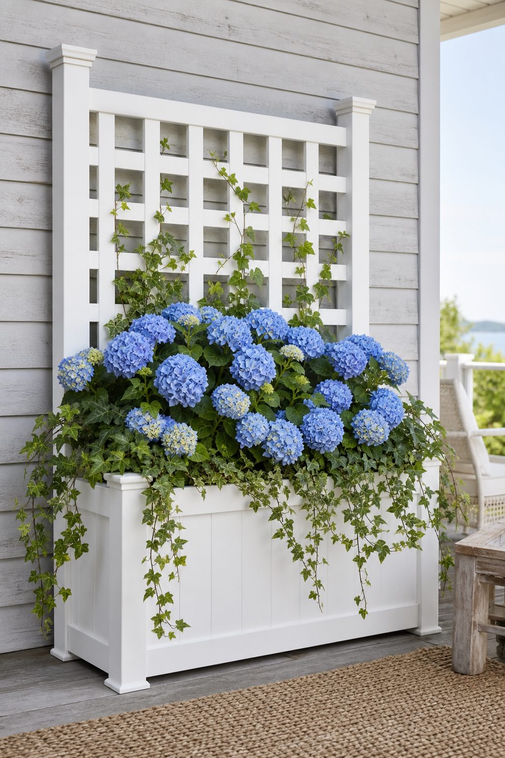 White vinyl trellis planter box with blue hydrangeas and trailing ivy against pale shiplap siding