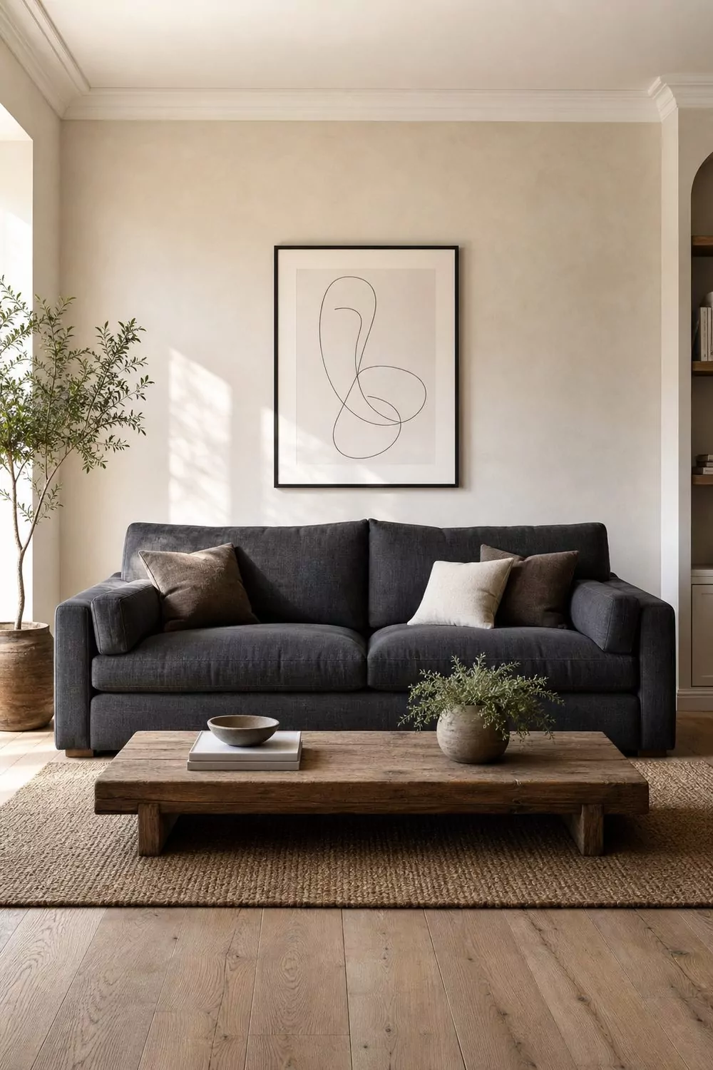 Deep charcoal grey linen sofa centered against a creamy soft white plaster wall with a black framed minimalist line art print and natural jute rug