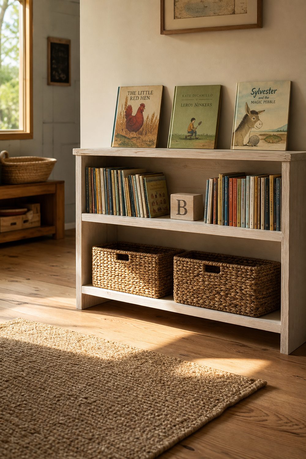 Whitewashed wood three shelf bookshelf in a farmhouse classroom library nook, lower shelves holding two woven seagrass baskets, upper shelves displaying picture books face-out and spine-out, golden hour light