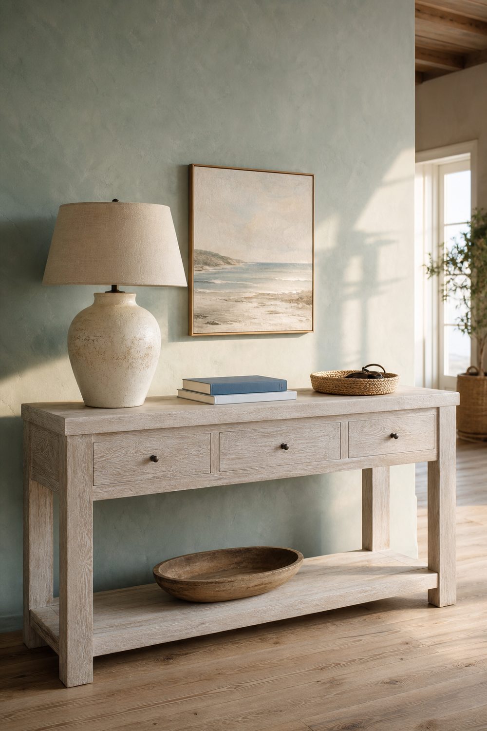 Whitewashed solid oak console table against a soft sea glass green wall with cream ceramic lamp, woven basket, and framed coastal art in a bright coastal entryway