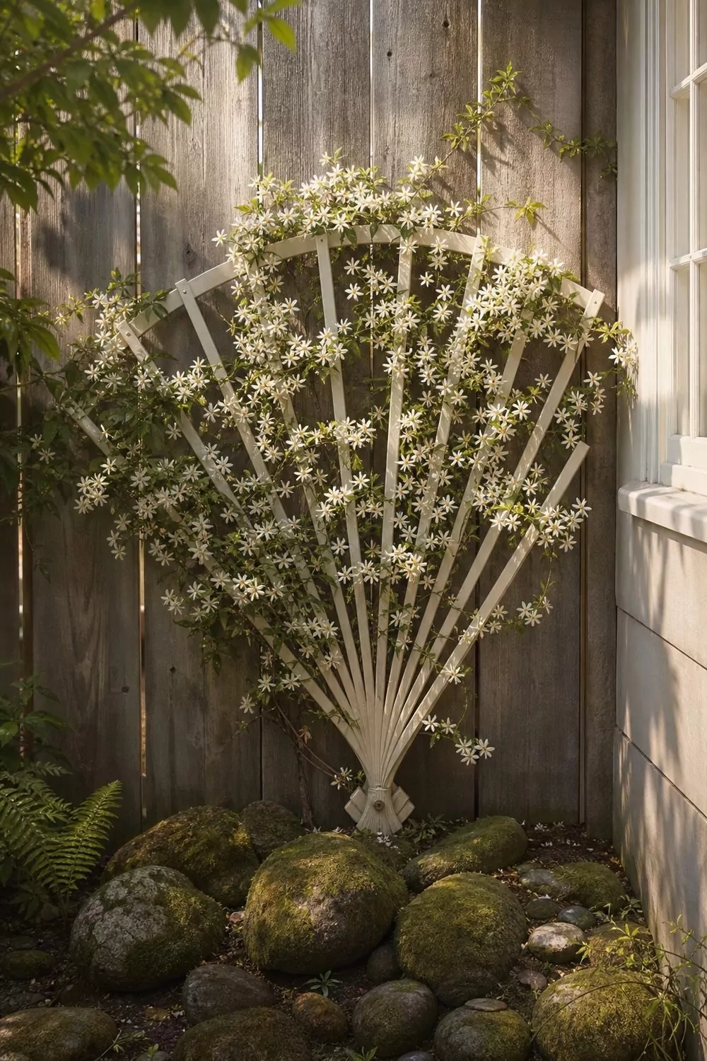 Antique white wooden fan trellis mounted on a weathered cedar fence with climbing star jasmine in white bloom and moss covered river stones at the base
