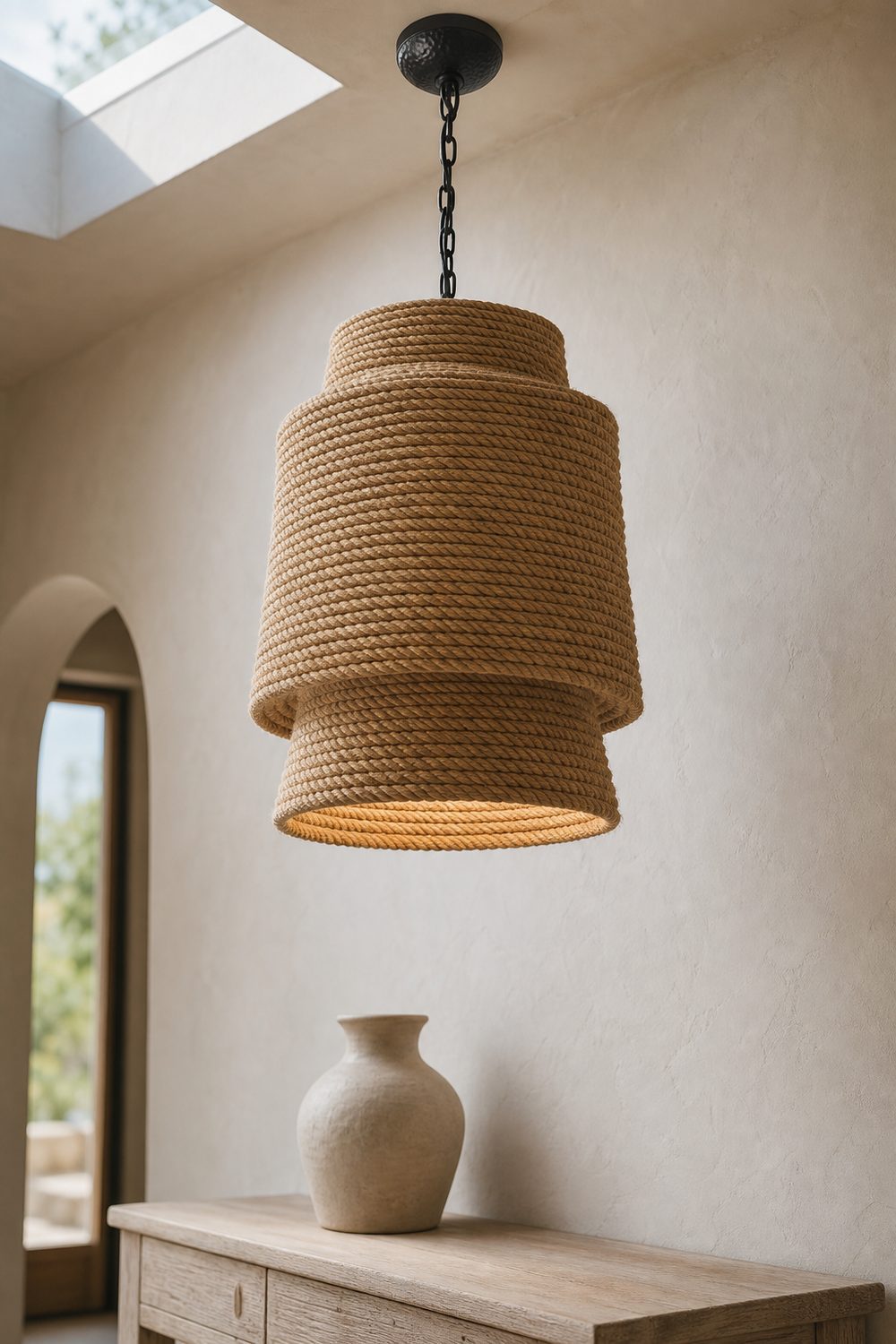 Tiered woven manila rope pendant light with matte black canopy hanging in a coastal entryway above a whitewashed console with a pale ceramic vase against warm white plaster