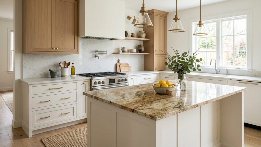 Transitional kitchen with a warm veined granite island and light quartz counters along the back wall, brass hardware and bright daylight