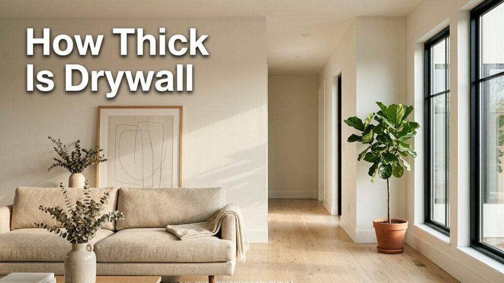 Bright finished interior with smooth painted drywall walls, flat ceiling, light oak floor, and a How Thick Is Drywall title overlay