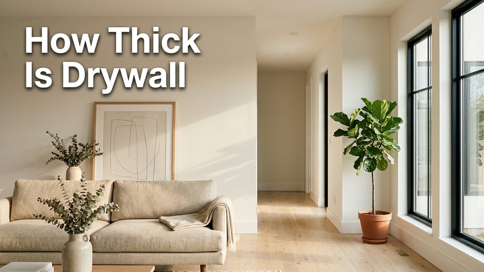 Bright finished interior with smooth painted drywall walls, flat ceiling, light oak floor, and a How Thick Is Drywall title overlay