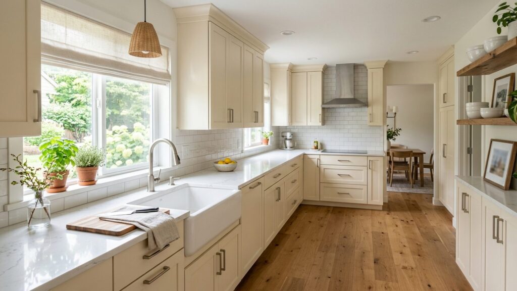 Bright freshly painted cream shaker kitchen with a farmhouse sink, white quartz counters, subway-tile backsplash, brushed-nickel hardware, and warm oak floors