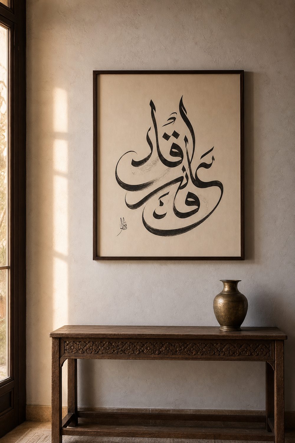 Large framed Arabic calligraphy artwork in flowing black ink above a slim carved console with a brass vessel