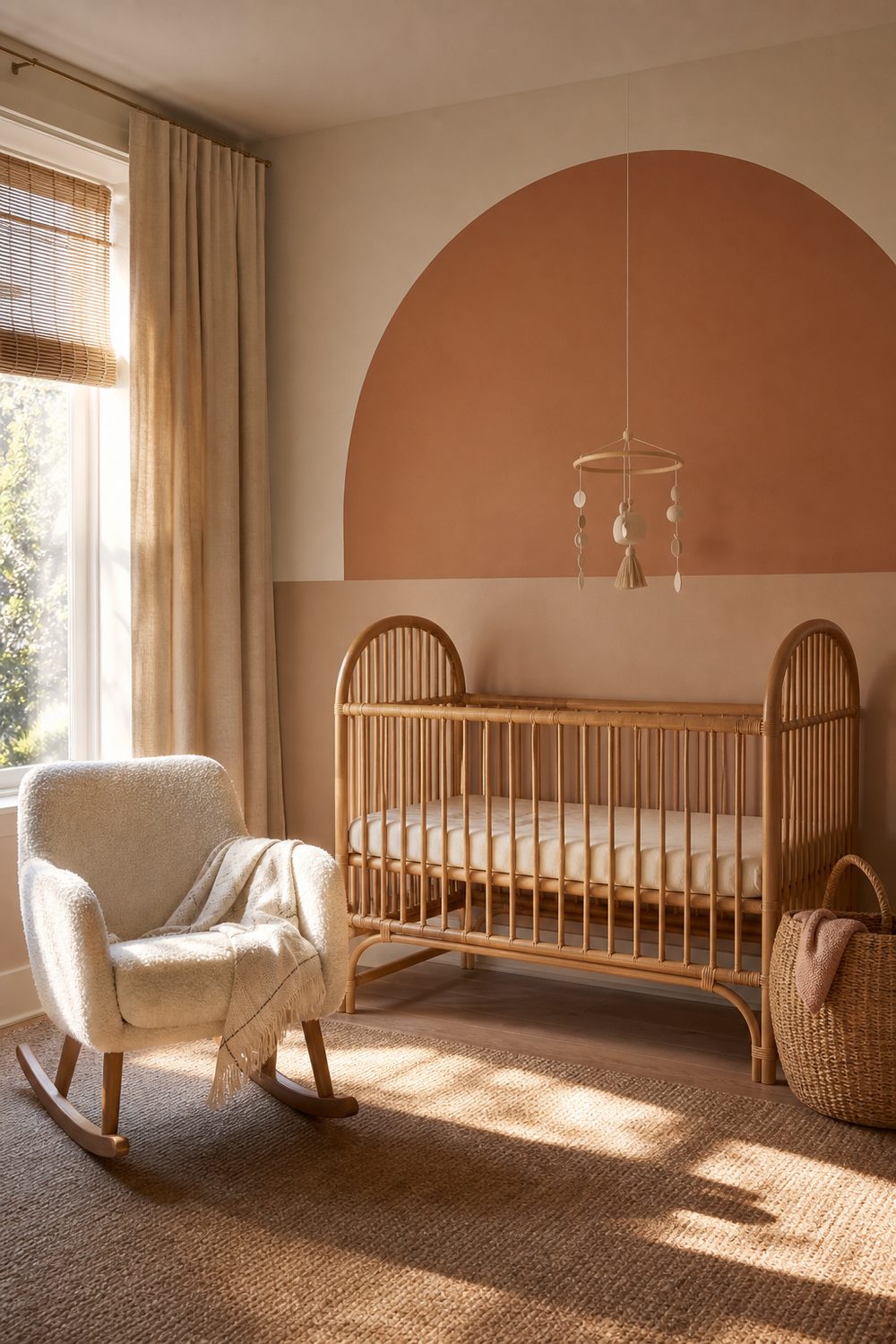 Painted arched two-tone clay accent wall in a calm nursery, smooth curved arch, rattan crib, boucle rocker, warm golden light
