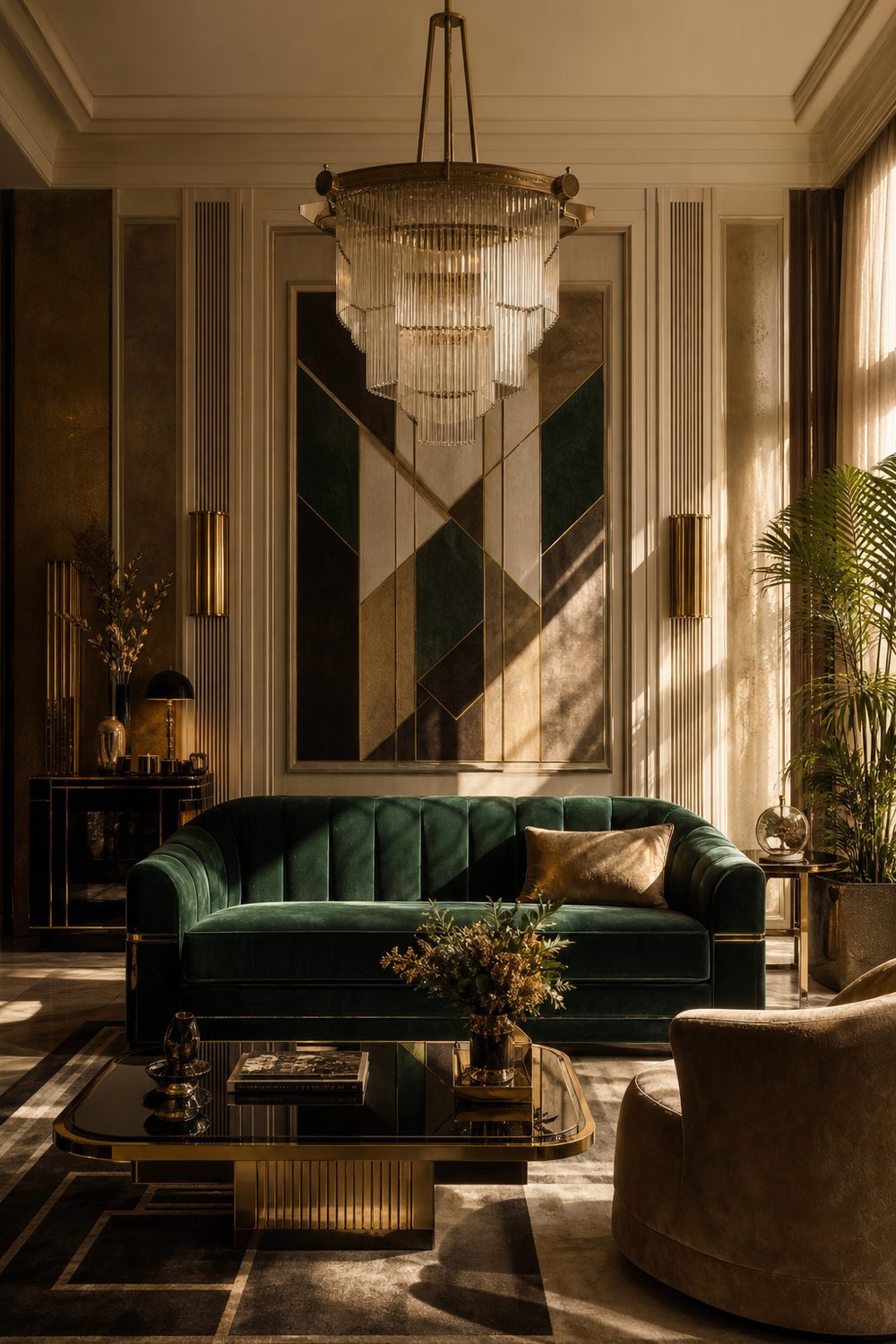 Art Deco style living room with emerald velvet and polished brass, editorial interior photography