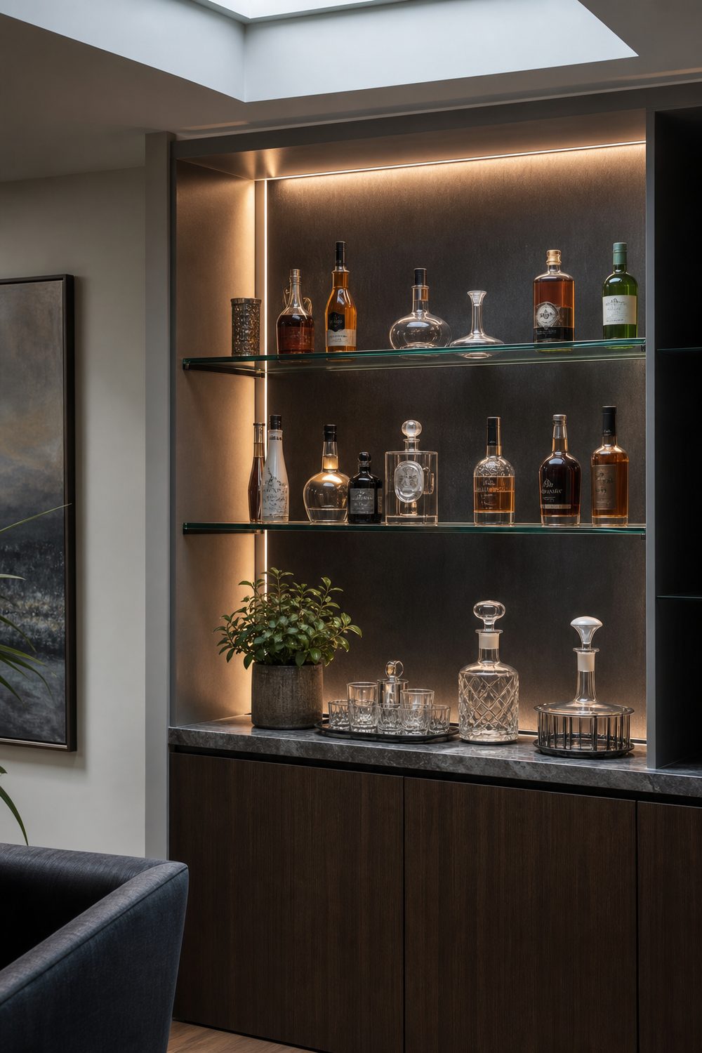 Basement display bar with tempered glass shelves, hidden rear LED lighting and a dark backsplash