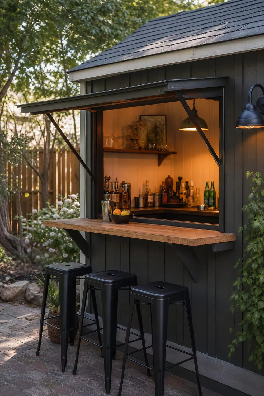 Backyard garden shed converted into a cabana bar with a hinged serving window, wood counter, outdoor stools, and warm task lighting inside