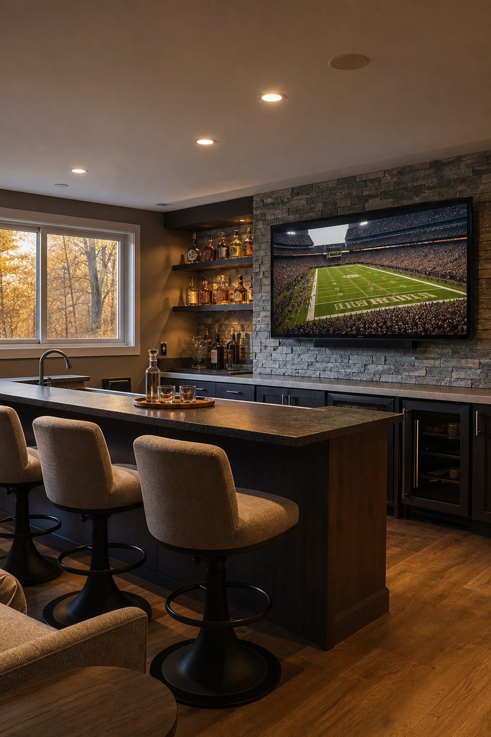 Basement sports bar with a large wall-mounted TV, stain-resistant counter and stools angled toward the screen
