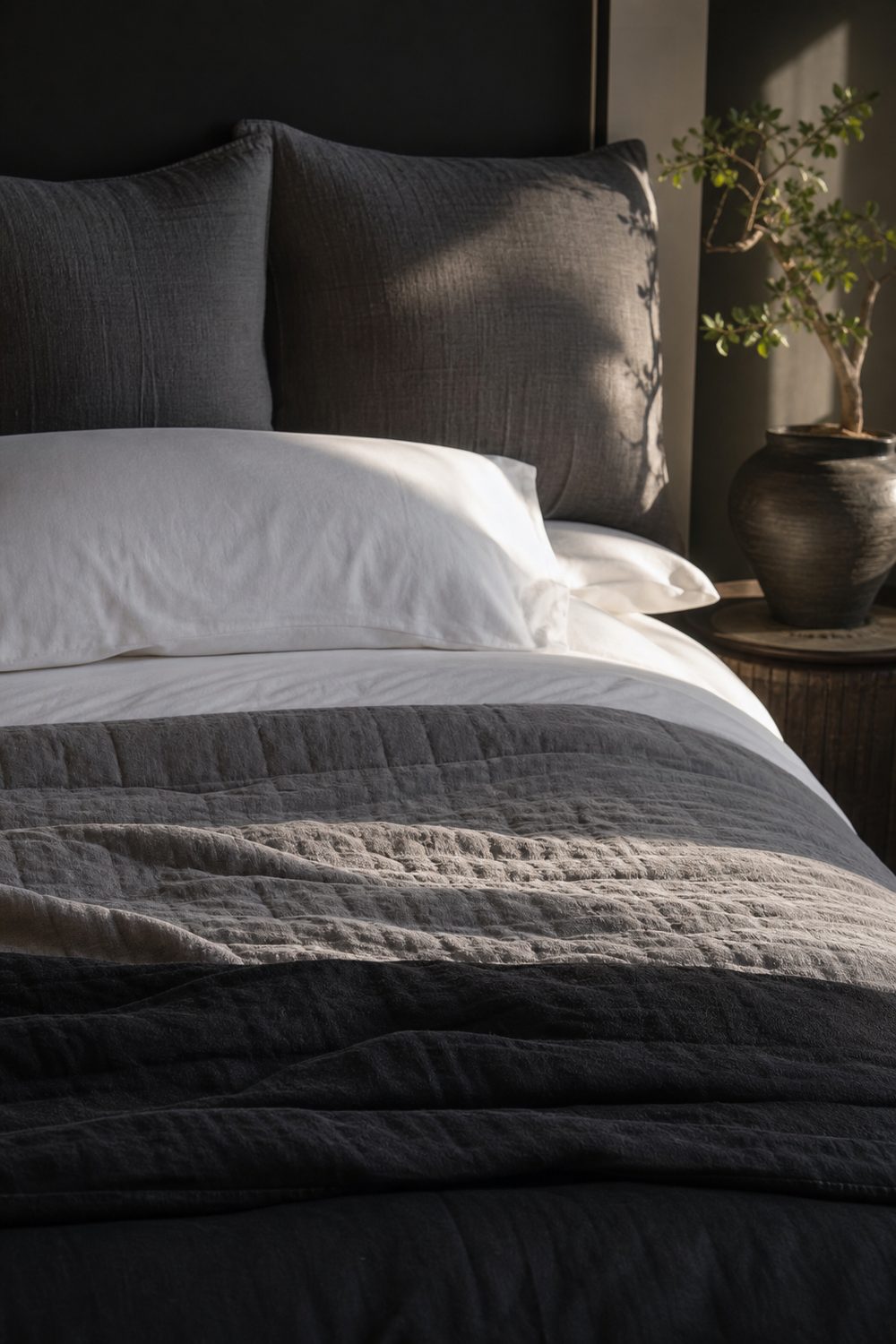 Layered bedding in white sheets, dove grey quilt and black linen throw on a made bed, black and grey bedroom styling