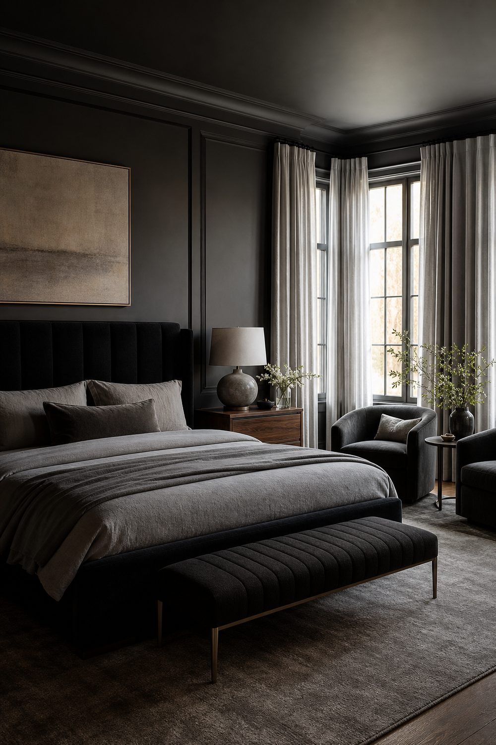 Black and grey master bedroom suite with charcoal walls, black upholstered bed, pale grey drapery and walnut nightstands