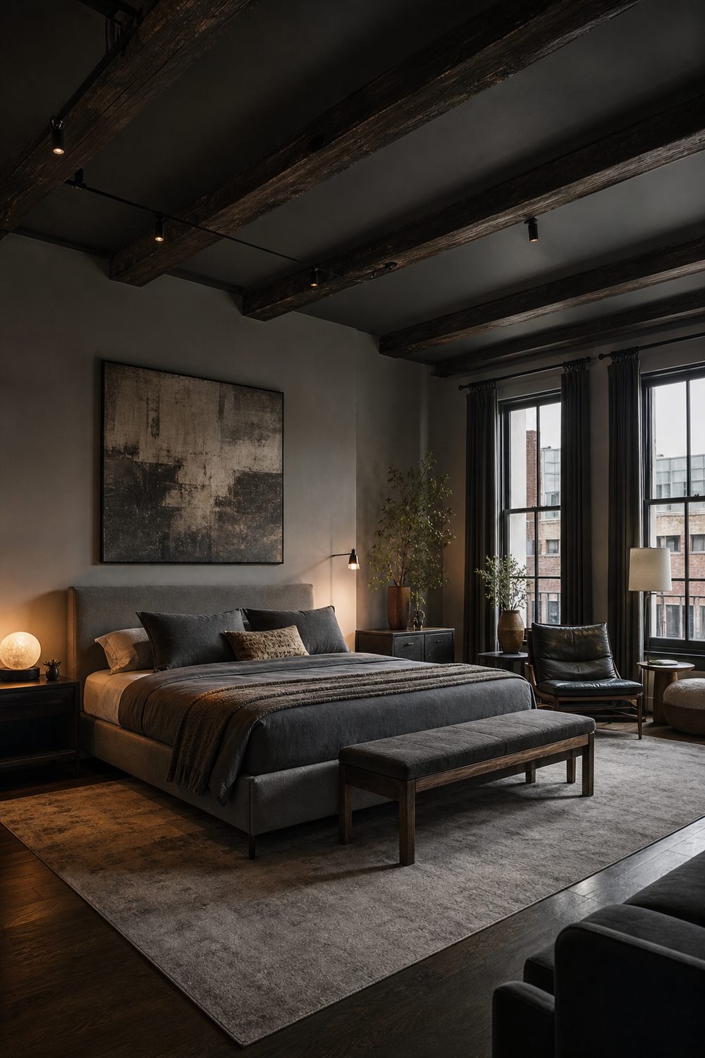 Soft black painted ceiling in a loft bedroom with exposed beams and grey walls, cocooned dramatic black and grey bedroom