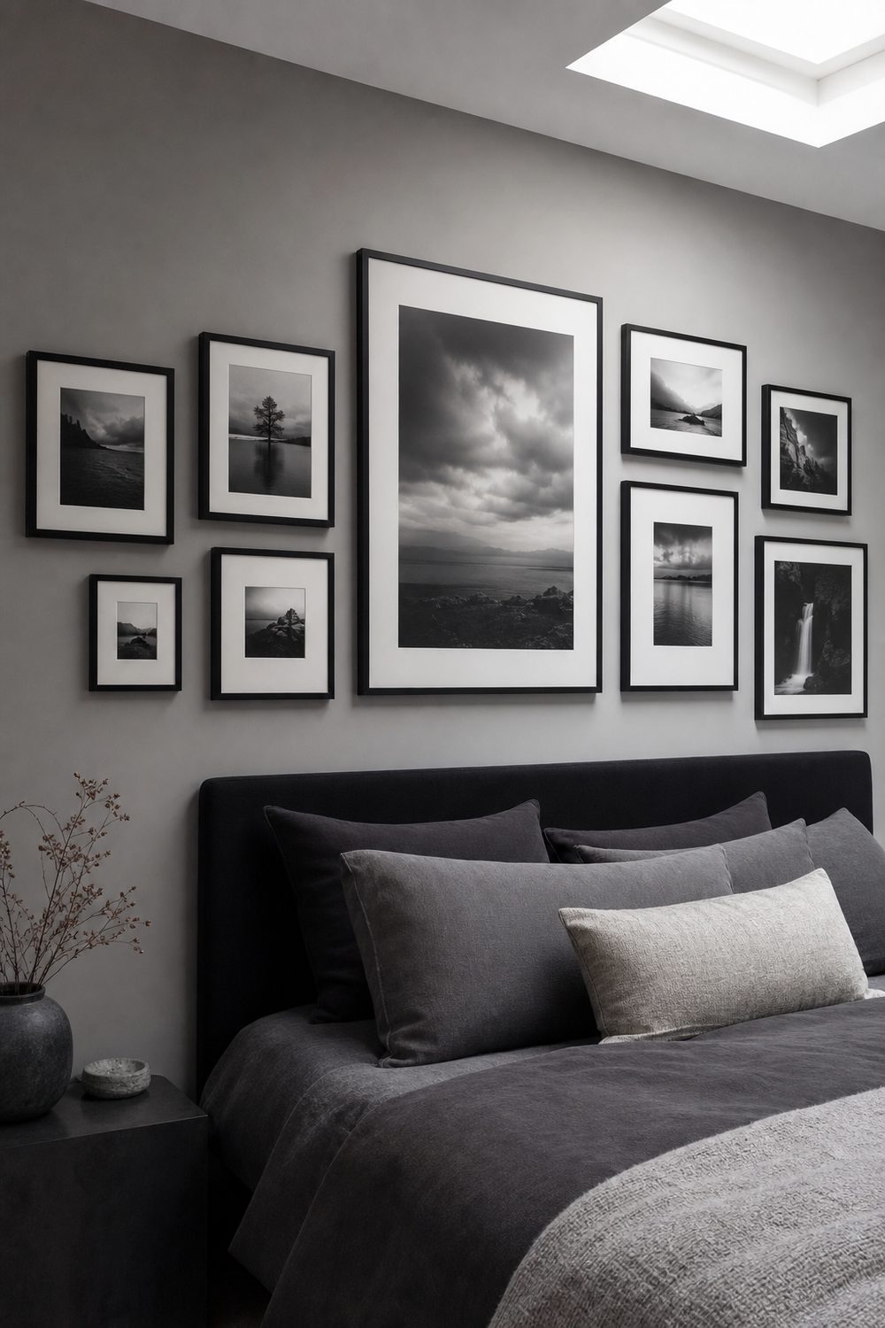 Black framed gallery wall of mixed-size black and white photography on grey walls in a black and grey bedroom, edited layout