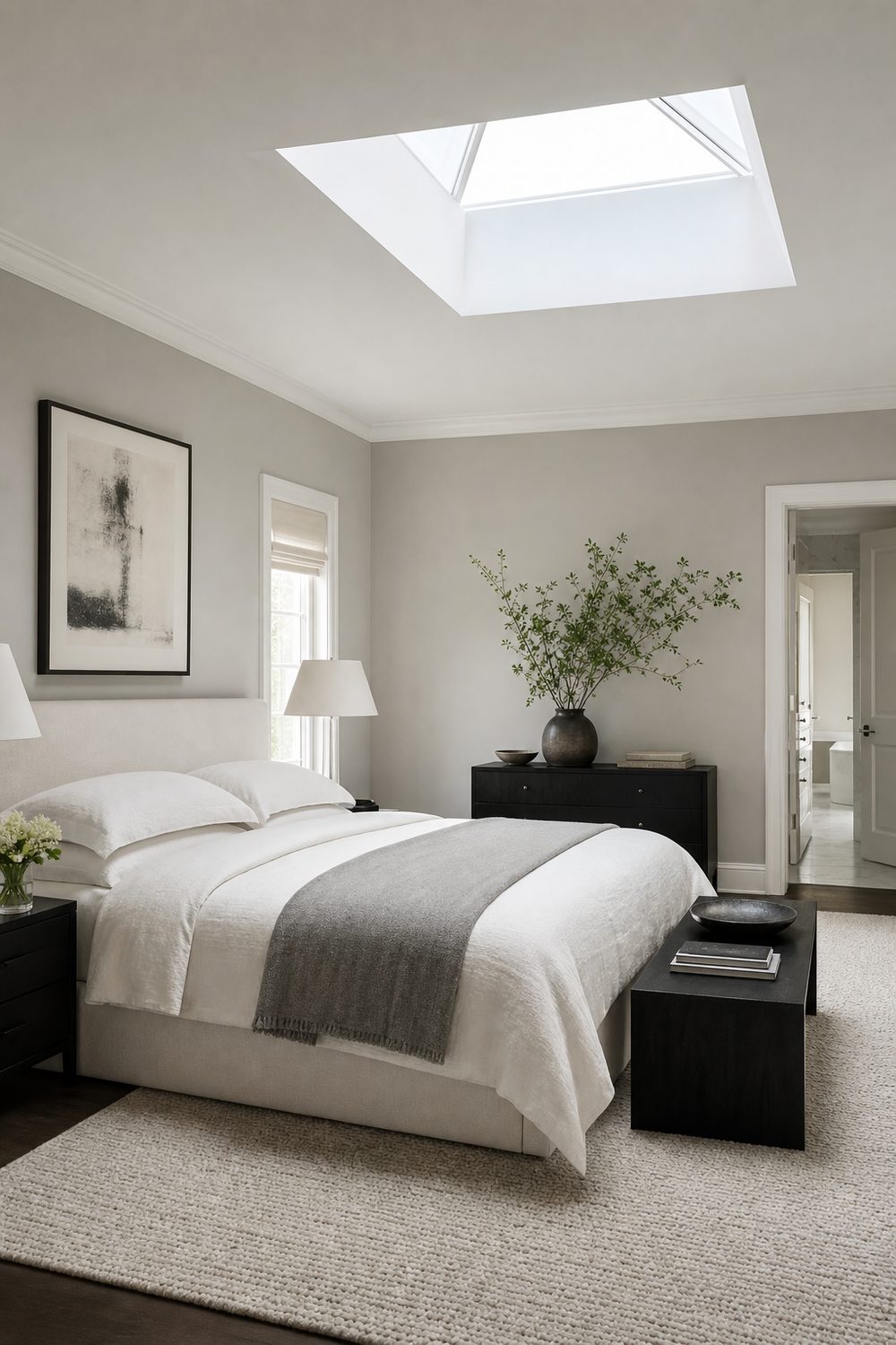 Balanced black grey and white bedroom with white bedding, grey walls and black accents, bright and restful color scheme