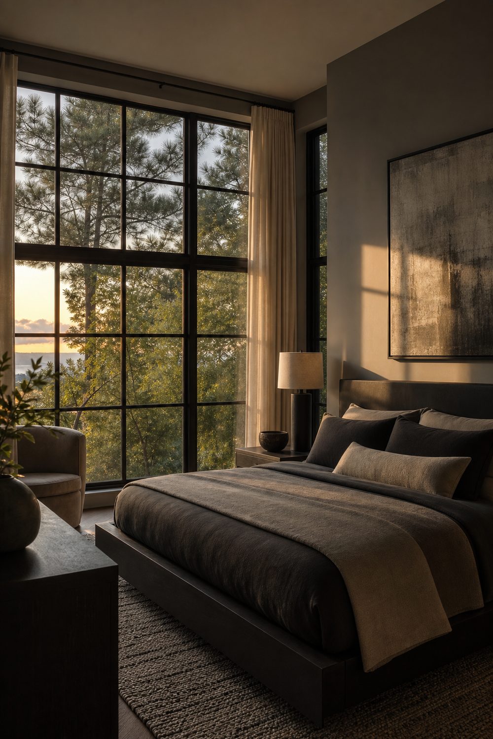 Black grid style mullion window frames with simple panels in a modern black and grey bedroom, crisp architectural lines
