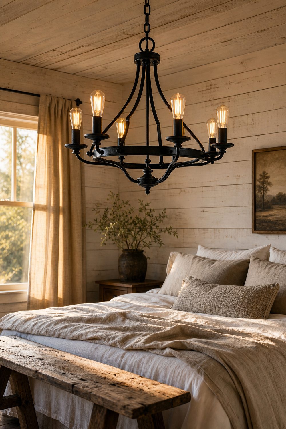 Black wrought-iron chandelier with warm Edison bulbs in a cozy farmhouse bedroom with linen bedding and wood beams