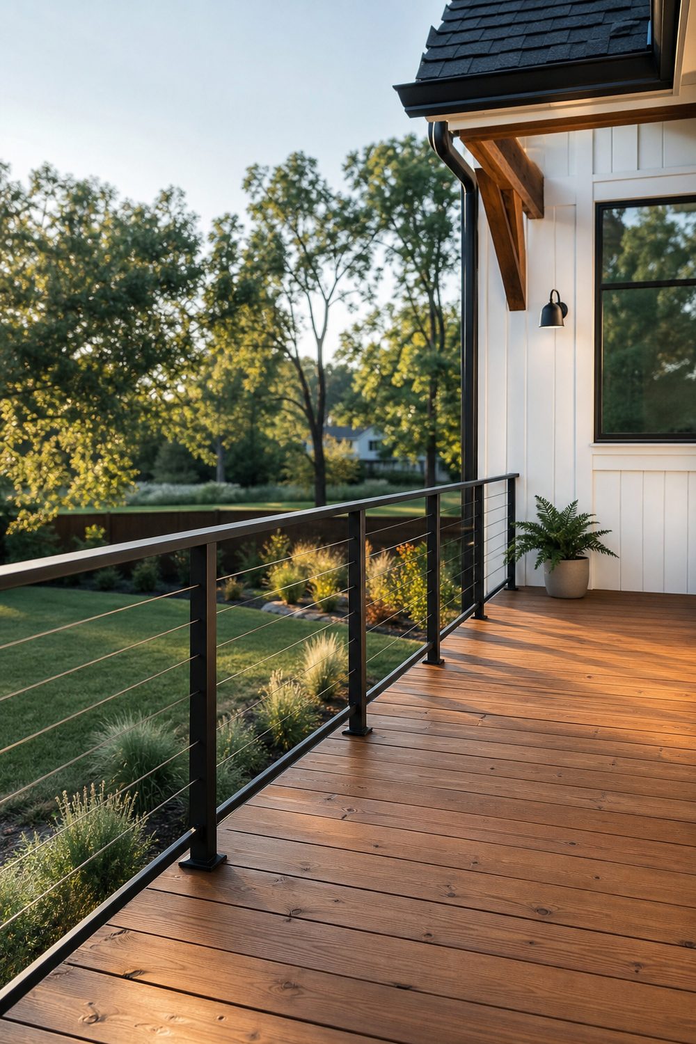 Black metal cable railing on a modern farmhouse deck with stained cedar decking and white board-and-batten siding