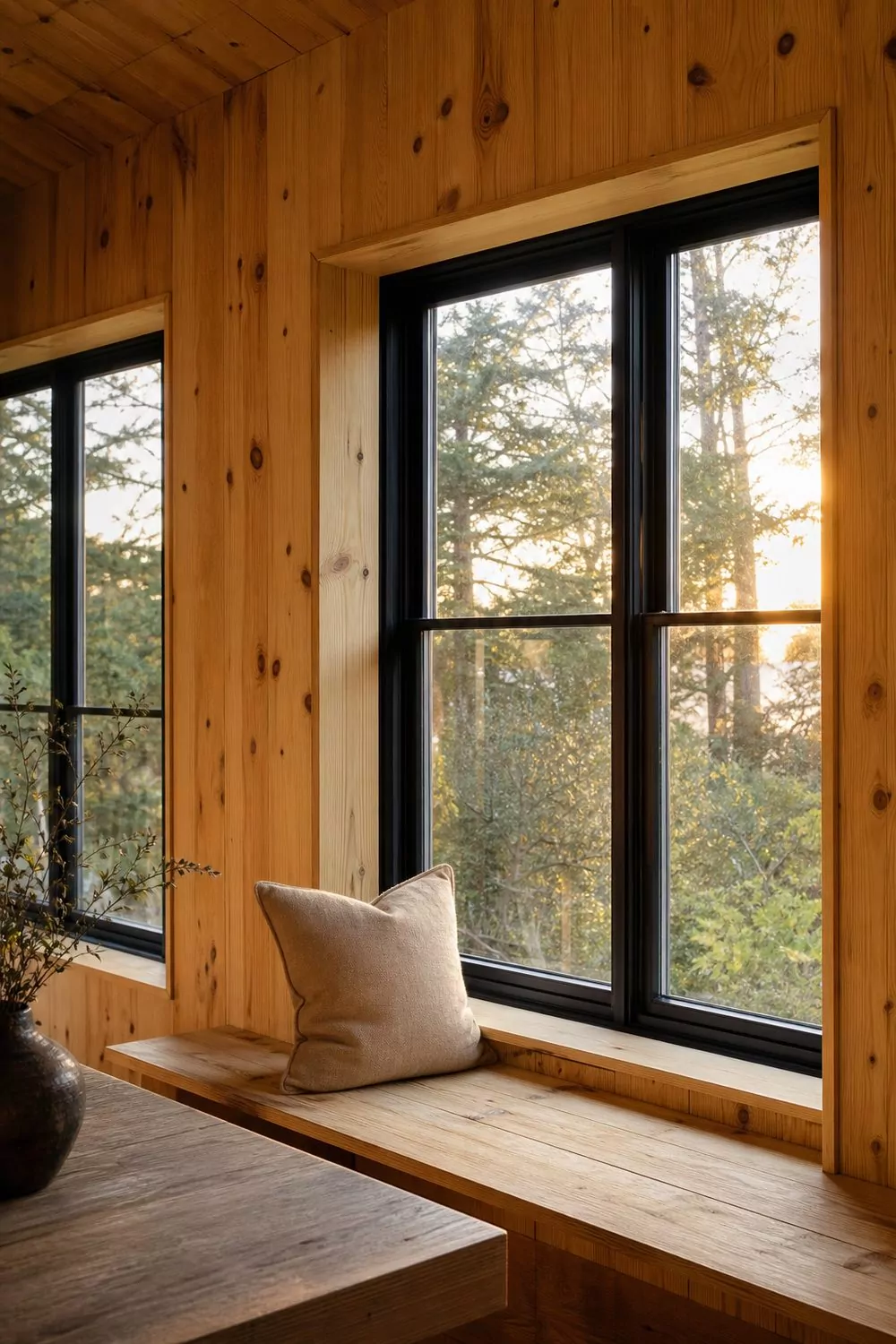 Matte black window frames against knotty pine walls with a bench seat and golden hour light