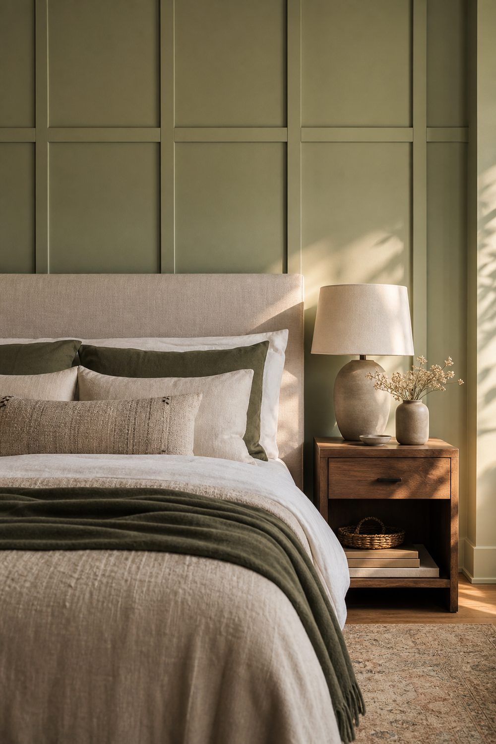 Sage green board and batten accent wall behind an upholstered bed, crisp white trim grid, ceramic lamp, calm warm light