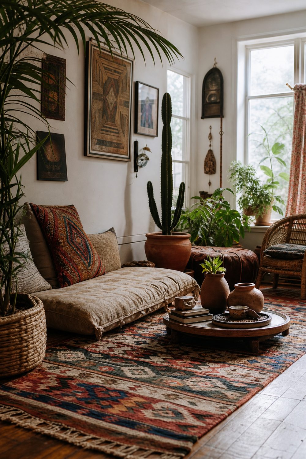 Bohemian style living room with kilim rug and rattan, editorial interior photography