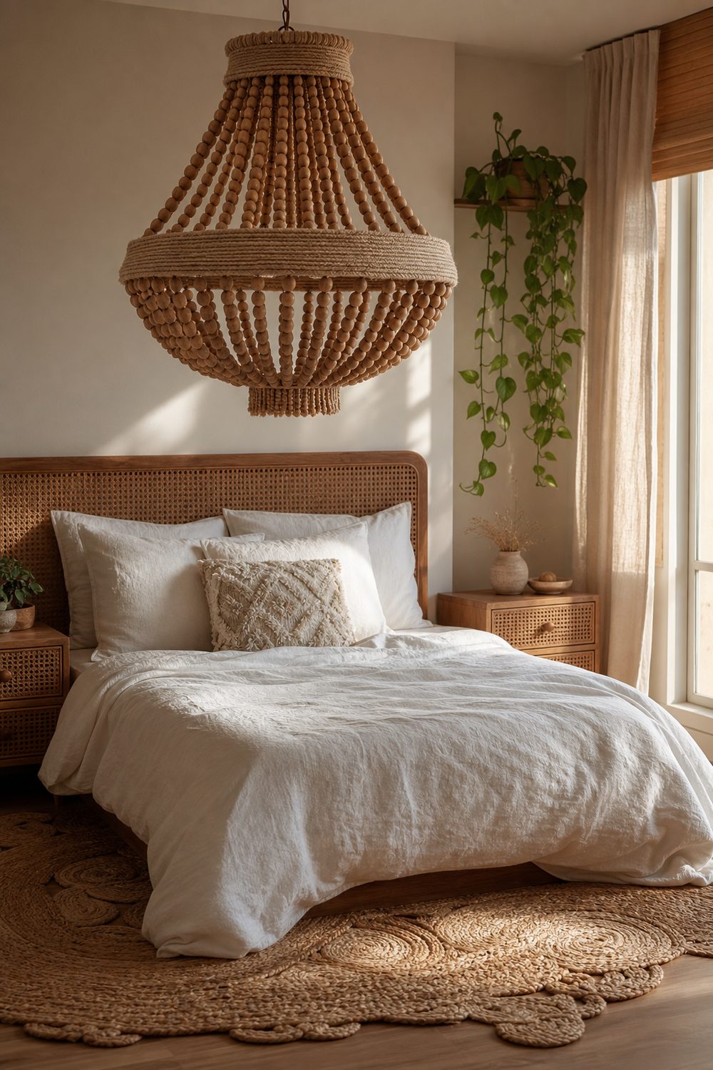Boho wood-bead and raffia chandelier above a bed with white bedding, cane furniture and layered natural rugs in a relaxed bedroom