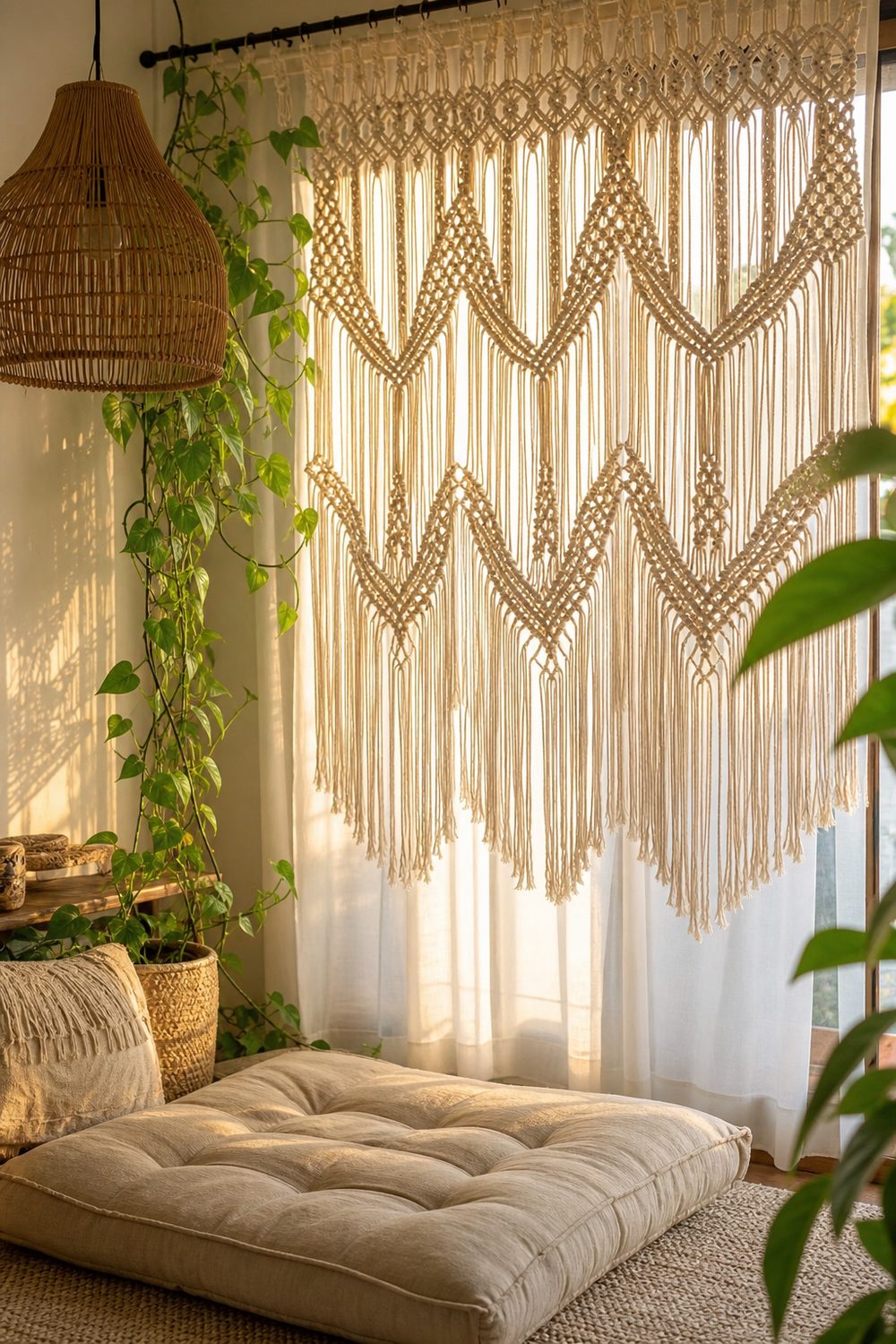 Ivory boho coastal macrame curtain layers over a sheer white panel in a relaxed reading nook with a floor cushion, rattan pendant, and greenery