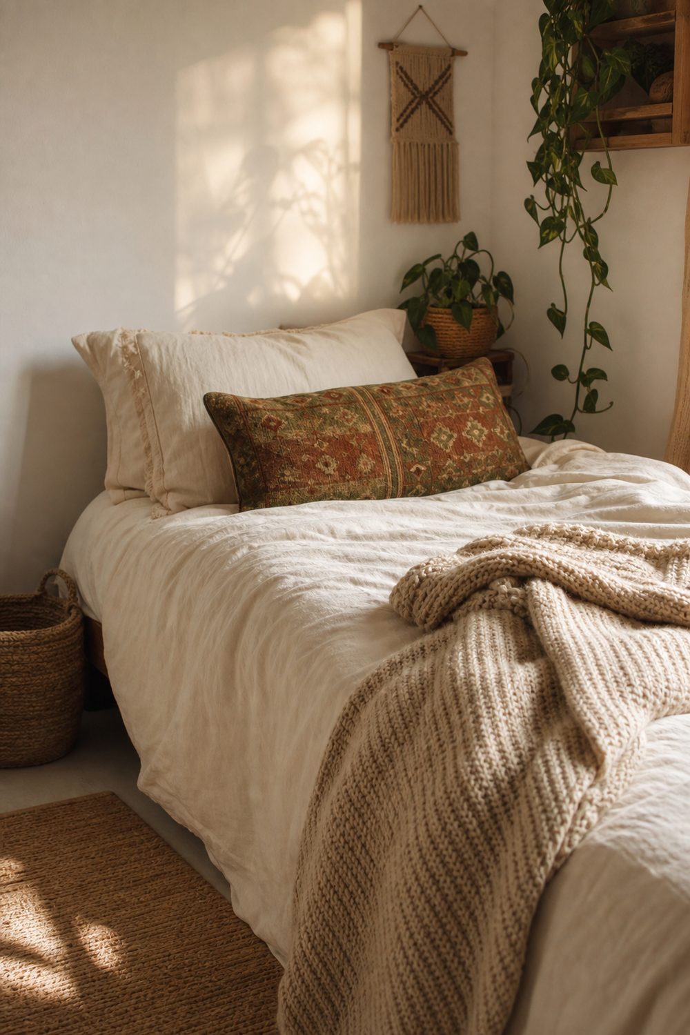 Boho dorm bed with ivory washed cotton duvet, rust and olive lumbar pillow, and a chunky cream knit throw