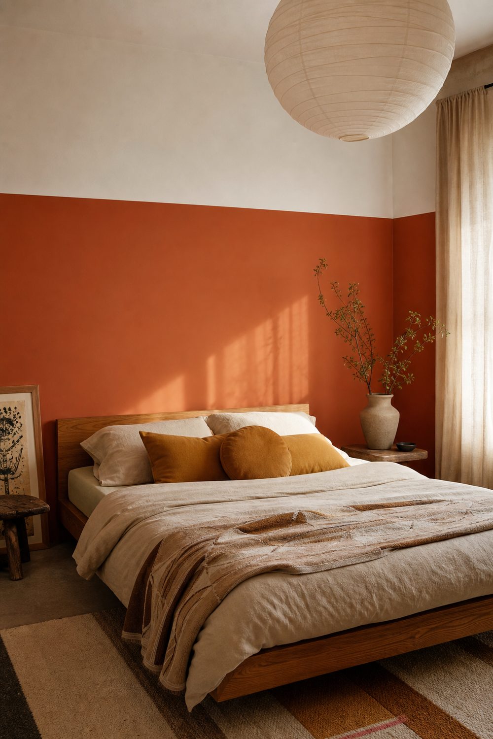 Bold terracotta color block accent wall behind a low wood bed, crisp painted edge, mustard cushions, paper lantern, warm light