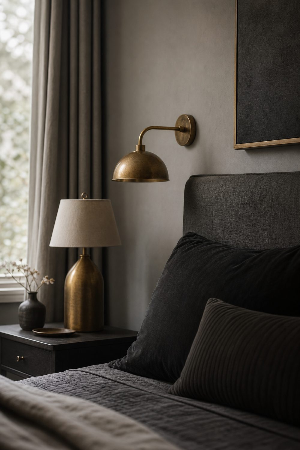 Aged brass wall sconces and lamp base against grey walls in a black and grey bedroom, warm metallic accents repeated