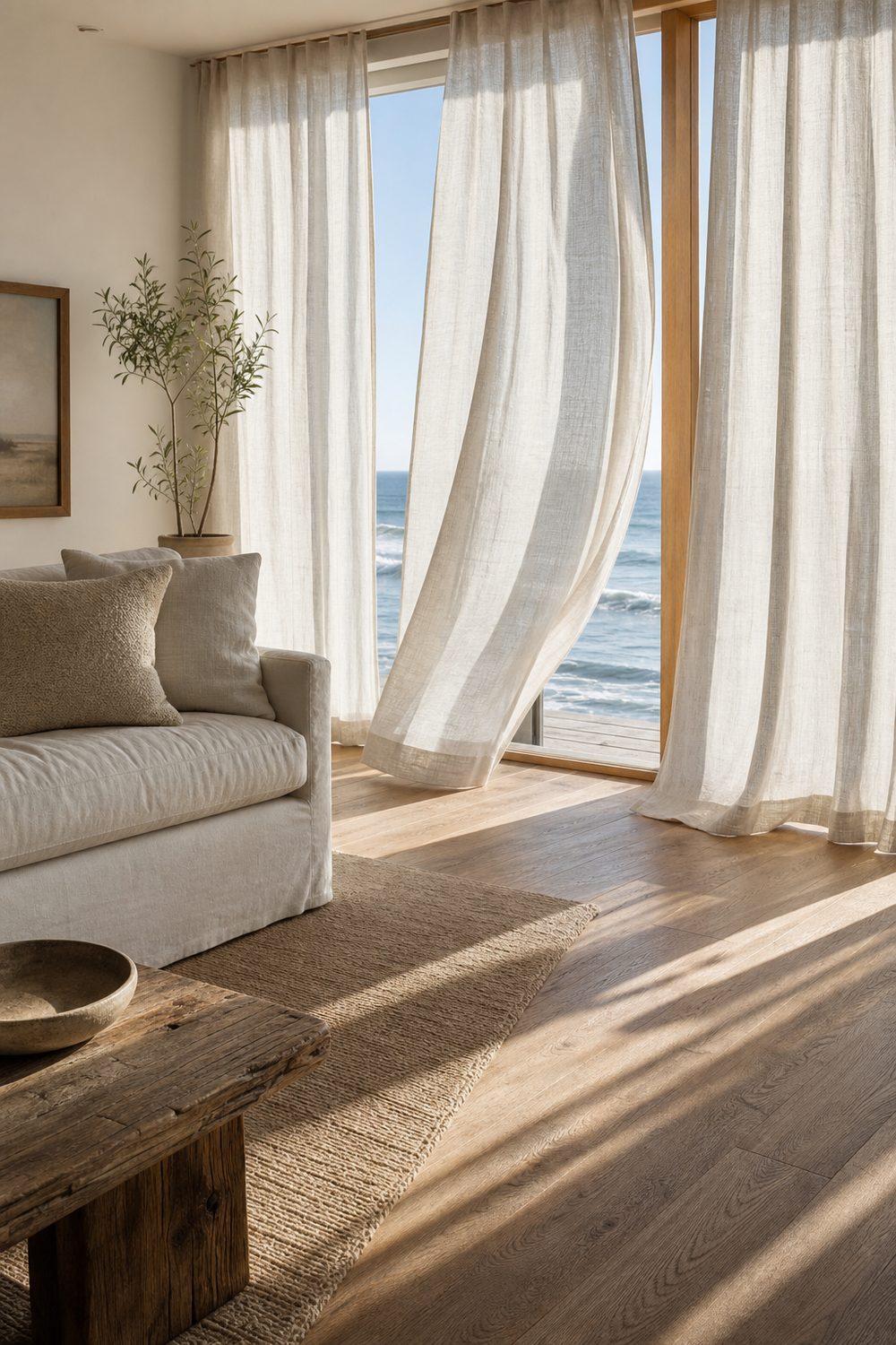 Breezy white linen coastal curtains billowing at floor-to-ceiling windows in an airy living room with white oak floors and an ocean view