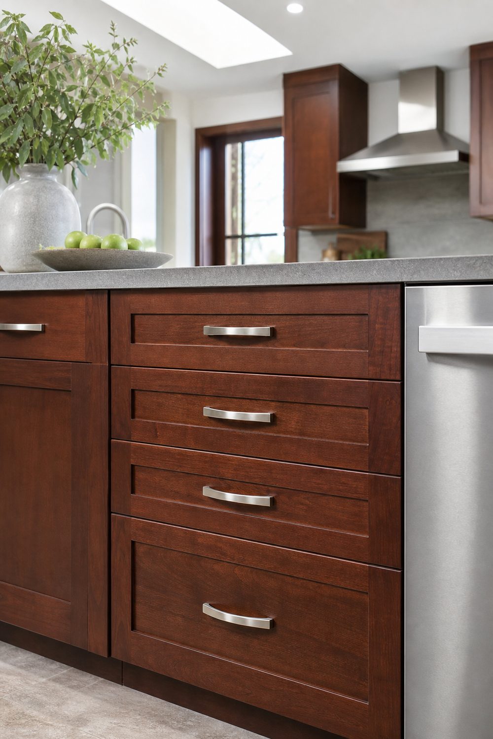 Brushed nickel cabinet handles on medium dark cherry brown drawers next to stainless steel appliances