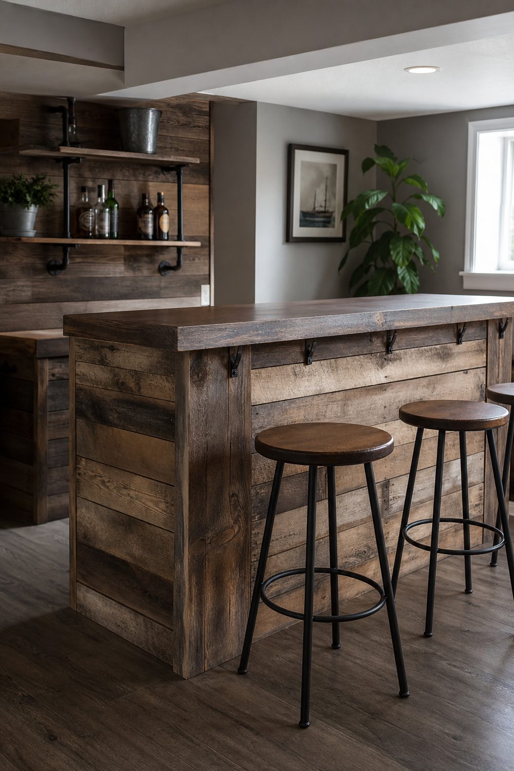 Budget DIY basement bar with pallet-board facing over a clean frame, laminate top and casual stools