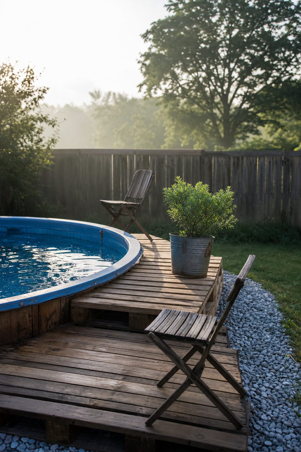Budget above ground pool deck made from reclaimed wooden pallets with folding chairs in a casual DIY backyard