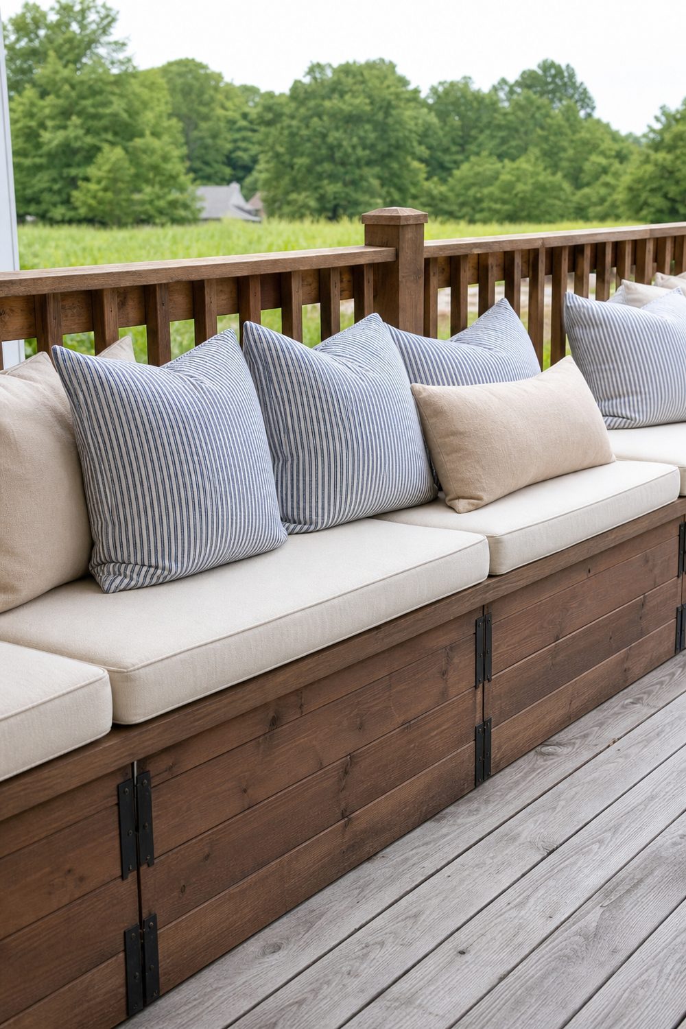 Built-in bench seating with hinged storage along a farmhouse deck edge with cushions