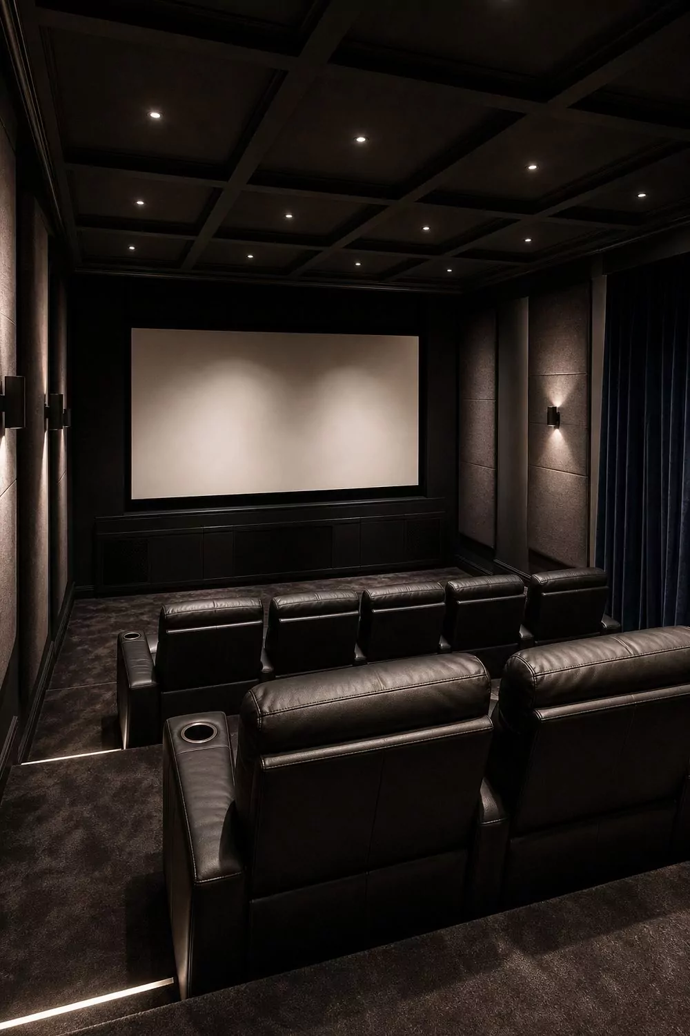 Built-in home theater man cave with deep charcoal walls, tiered leather recliners, acoustic panels and a velvet curtain in dim cinematic light