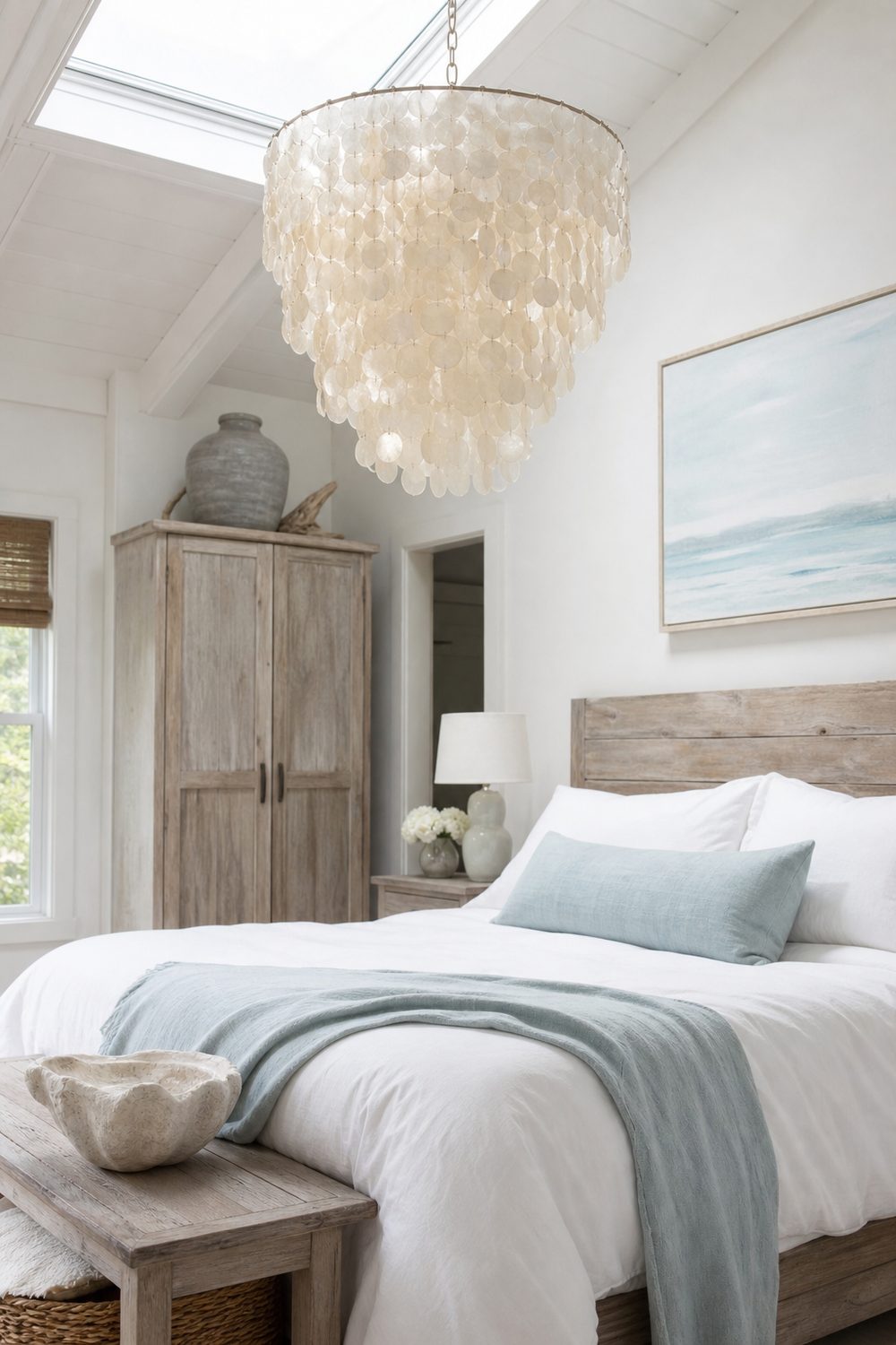 Capiz shell chandelier with translucent shimmering discs in an airy coastal bedroom with white bedding and pale blue accents